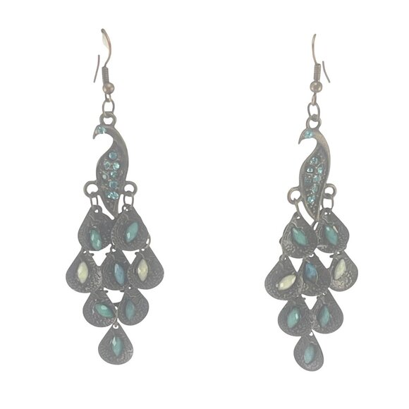 Antique-Style Bronze Peacock Dangle Earrings With Green Gem Accents 2.5" - Picture 1 of 6